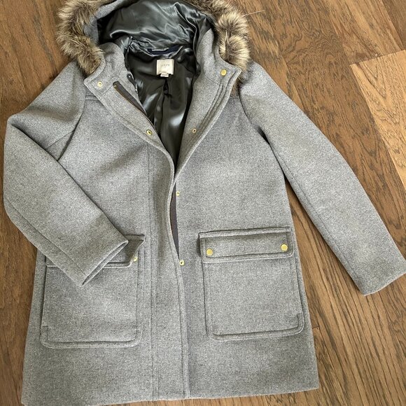 J. Crew Factory Gray Pea Coat with Faux Fur Trim - Picture 6 of 7